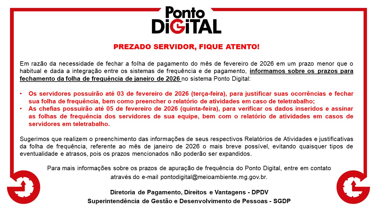 Comunicado com o prazo para fechamento da folha de ponto de janeiro de 2026