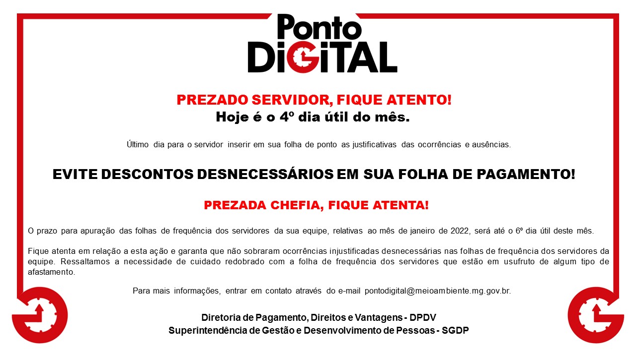 Ponto Digital: Prazo para o fechamento da folha de frequência